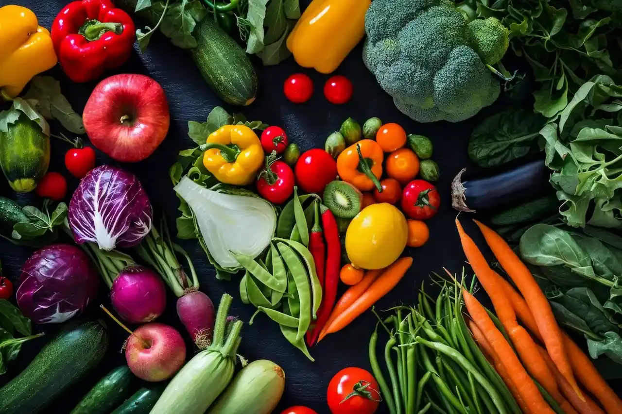Frutas, verduras y alimentos saludables sobre fondo blanco junto a una sonrisa.