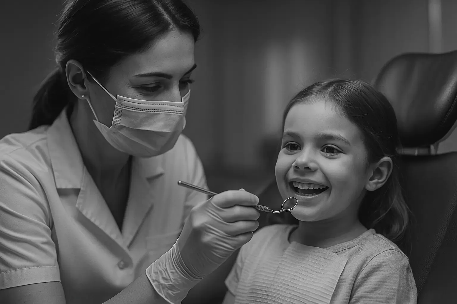 Odontopediatra atendiendo a una niña en la clínica dental KOURA Dental Plus durante una revisión infantil